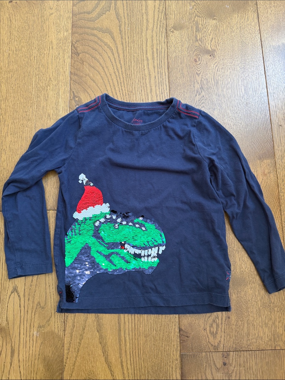 Joules Kids Navy Long-Sleeve Sequin Dino Christmas shirt - size 5